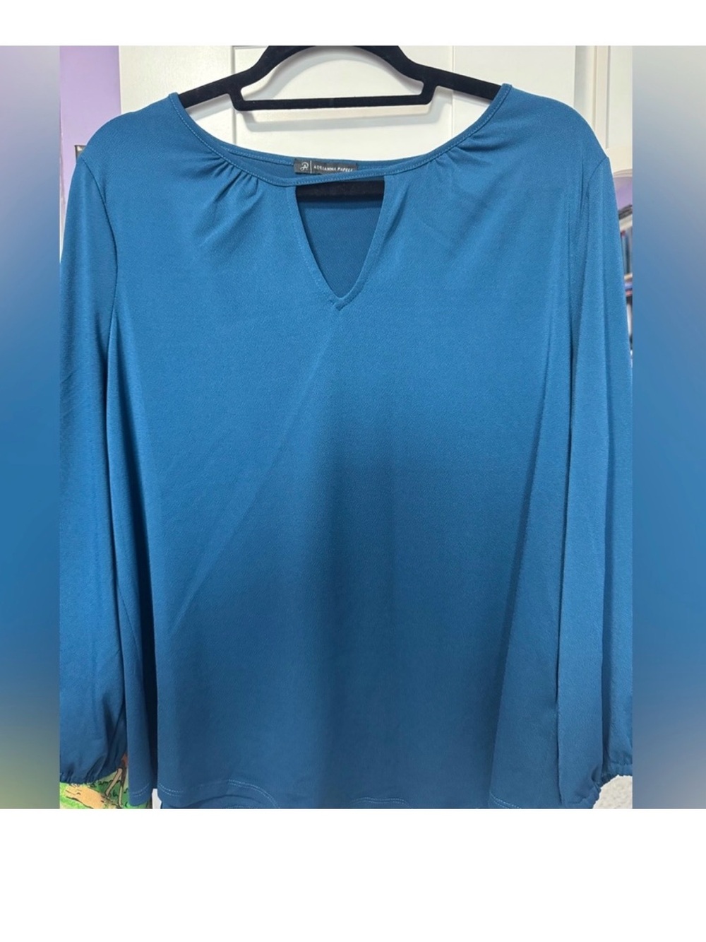 Adrianna Papell Teal Blue Long-Sleeve Keyhole Top